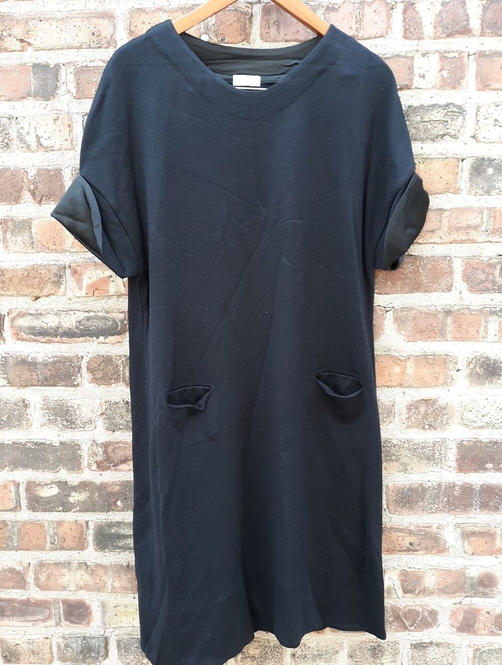 Malo Black Virgin Wool Silk Trim Dress 48 Italy Knit Shift Pockets